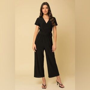 Gilli Solid Surplice Cropped Faux Wrap Jumpsuit